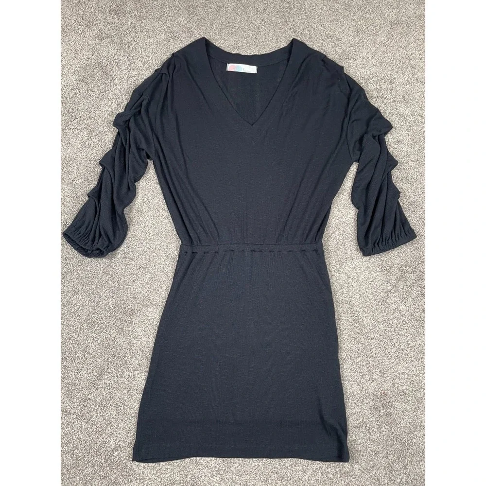 Free People Dress Womens Small Black Beach Ruched Sleeve Ribbed Boho Vacation